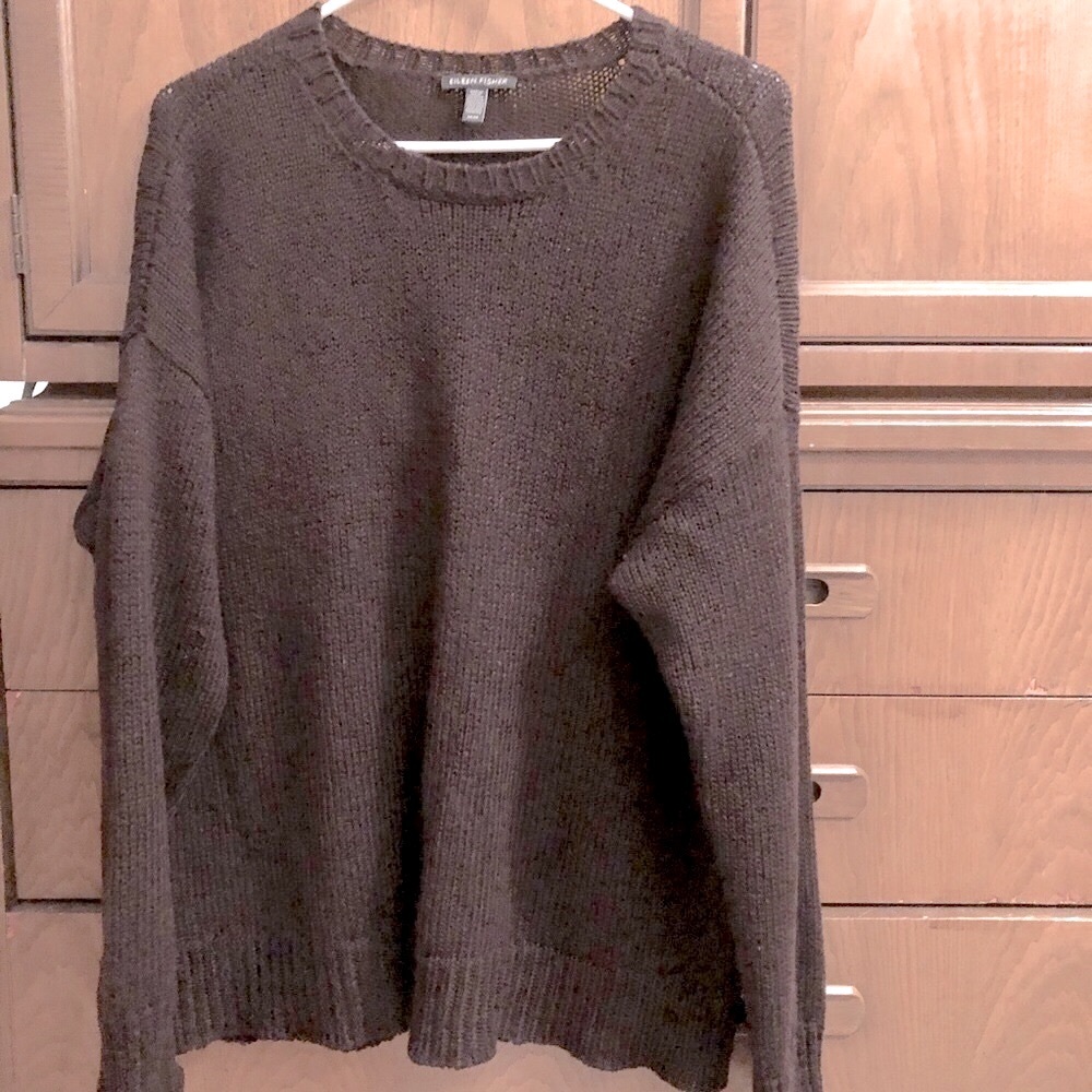 Eileen Fisher Sweater Mohair Wool Blend Crewneck Dark Maroon Brown M
